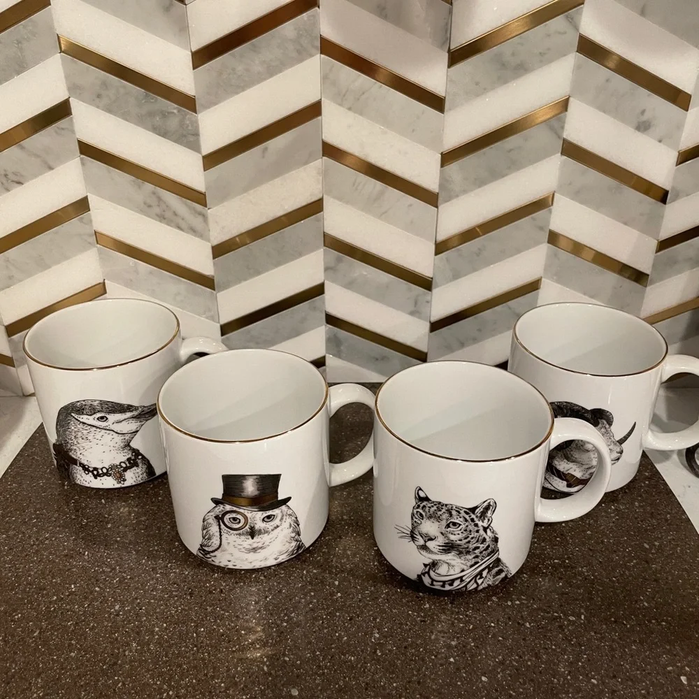 WEST ELM Gilded Dapper Animal Complete Mug Set of (4)